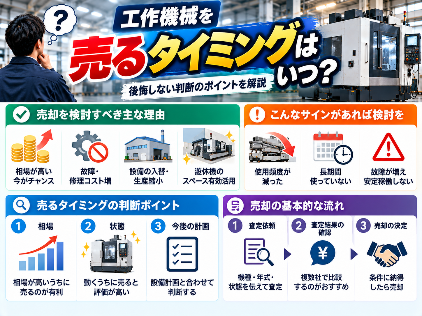 工作機械を売るタイミング:売却を検討すべき主な理由、検討すべきサイン、売るタイミングの判断ポイント(相場・状態・今後の計画)、売却の基本的な流れ(査定依頼・査定結果の確認・売却の決定)を図解