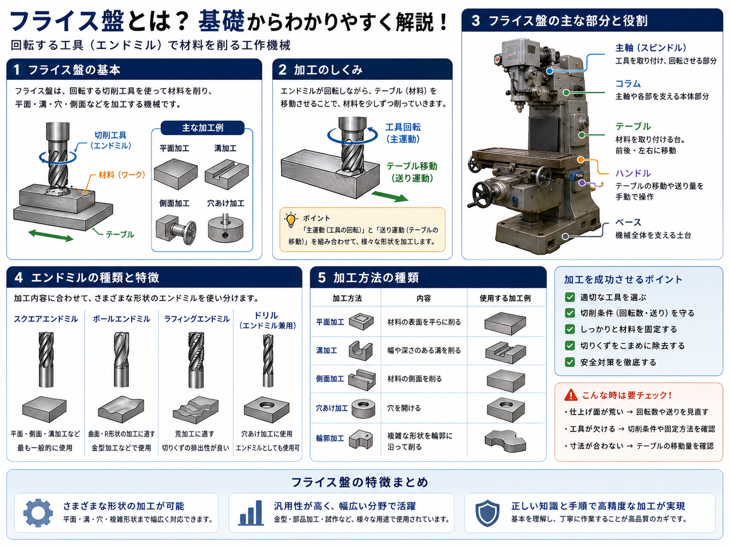 フライス盤の基本構造・加工のしくみ・主要部品・エンドミルの種類・加工方法を図解