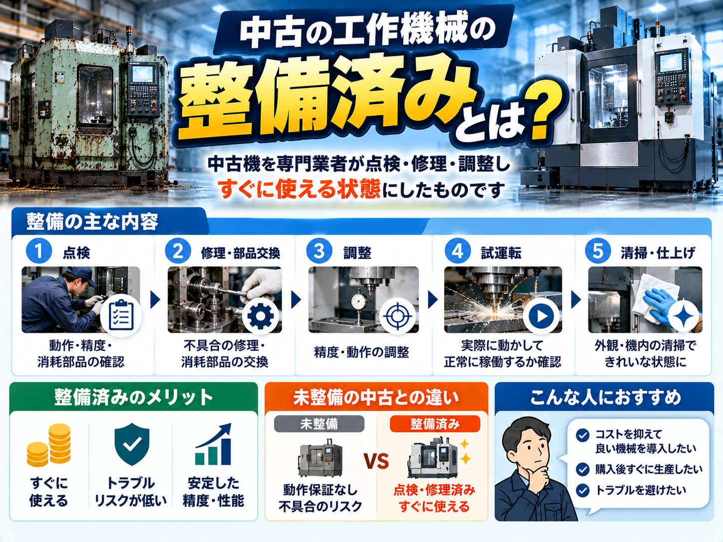 中古工作機械の「整備済み」とは:点検・修理・部品交換・調整・試運転・清掃仕上げという整備の主な内容5ステップと、整備済みのメリット、未整備の中古機との違いを図解